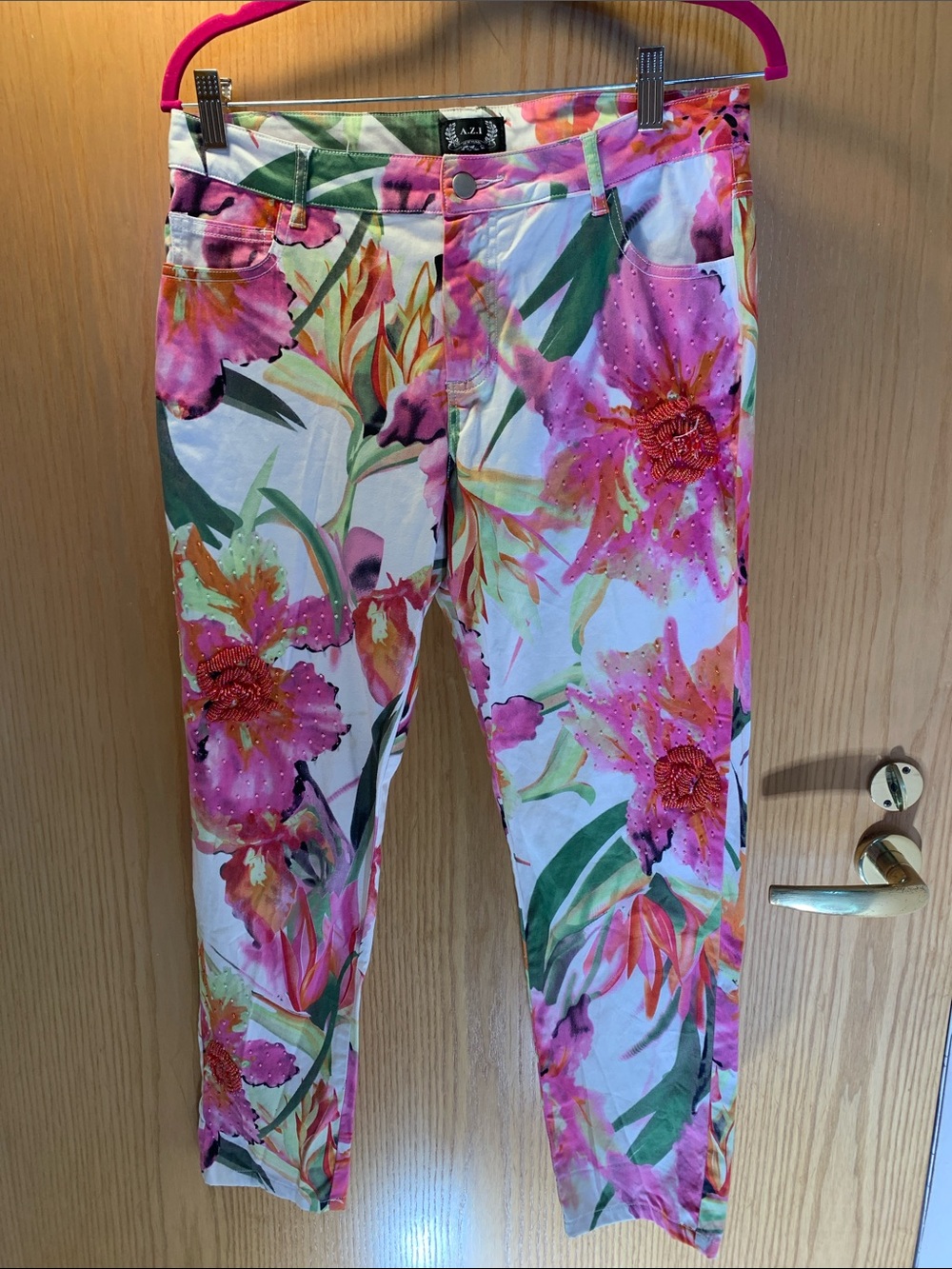 A.Z.I. Pink Tropical Floral 5-Pocket Cotton Pants - Size 8